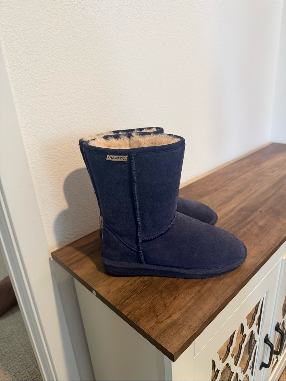 BearPaw Women's Navy Suede Shearling Lined Mid-Calf Slippers